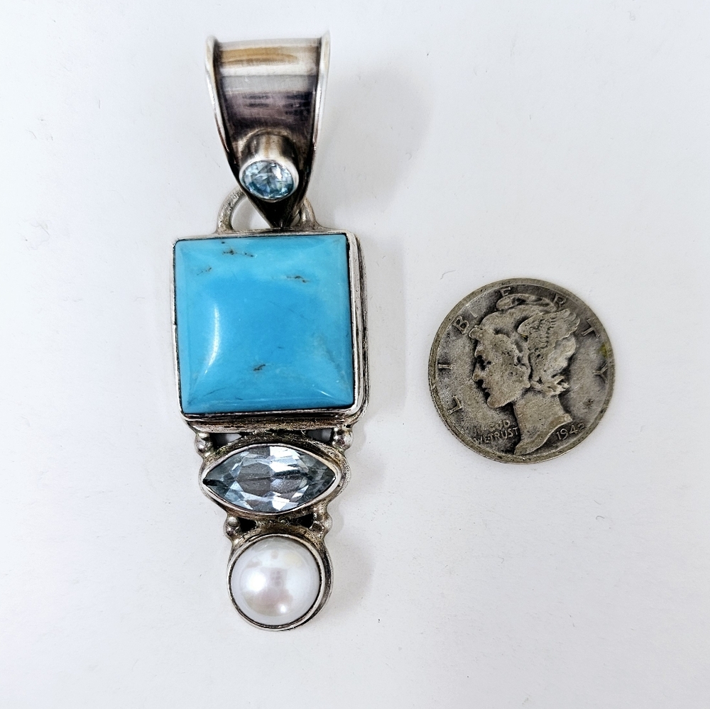 Sterling Silver Pendant Turquoise Pearl Faceted Blue Stone